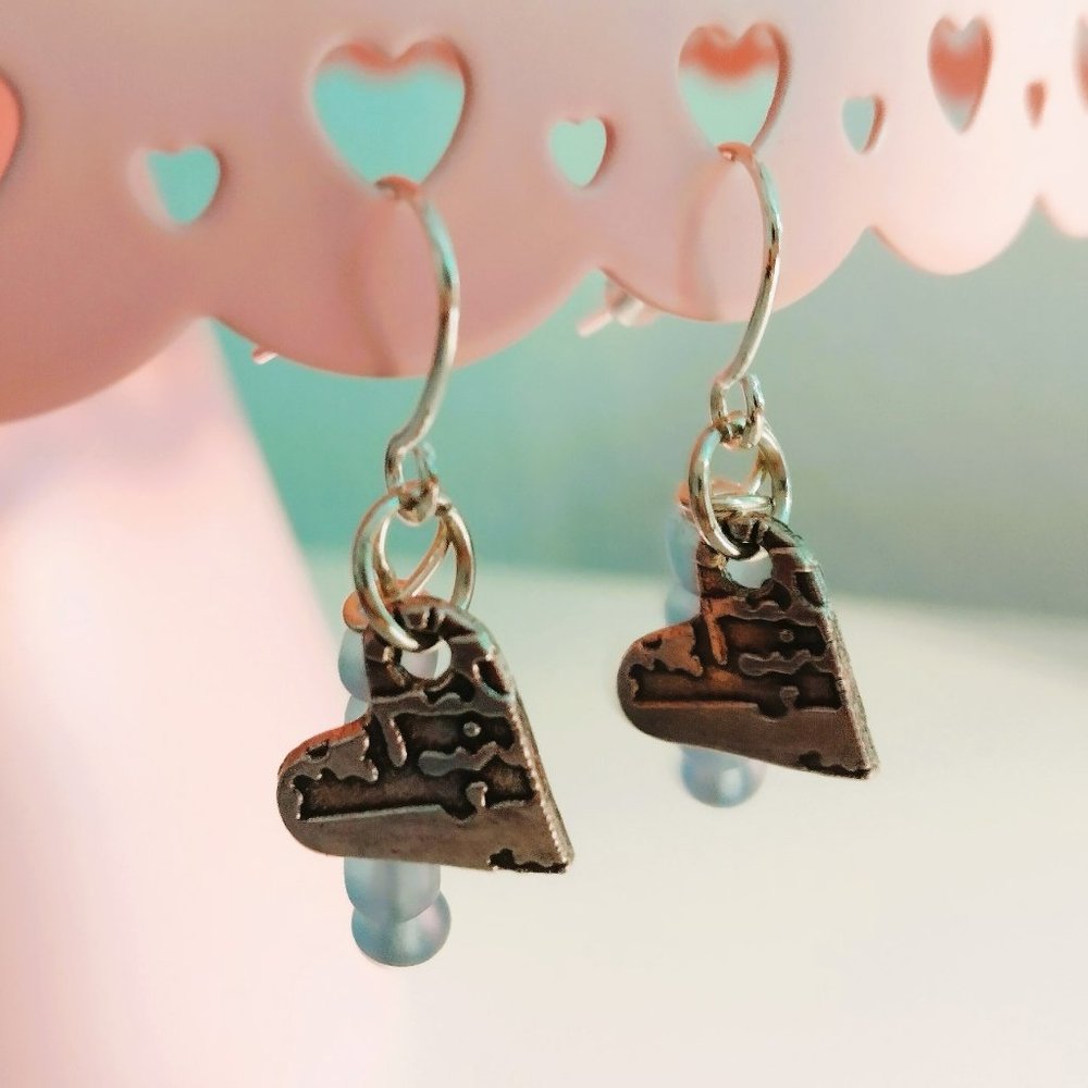 Handmade Etched Silver Heart Charm Dangle Earrings with Blue Glass Beads